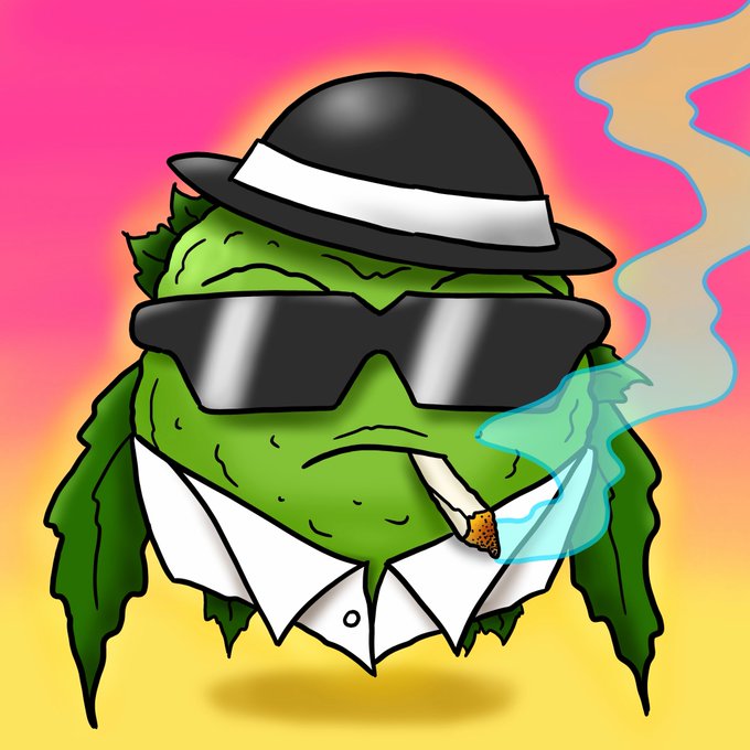 A cartoon illustration of a green, lizard-like creature wearing a black fedora with a white band, dark sunglasses, and a white collared shirt while smoking a cigarette against a pink and yellow gradient background.