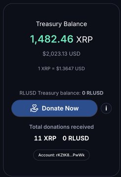 A dark donation panel displays “Treasury Balance 1,482.46 XRP,” “$2,023.13 USD,” “1 XRP = $1.3647 USD,” “RLUSD Treasury balance: 0 RLUSD,” and a blue “Donate Now” button.