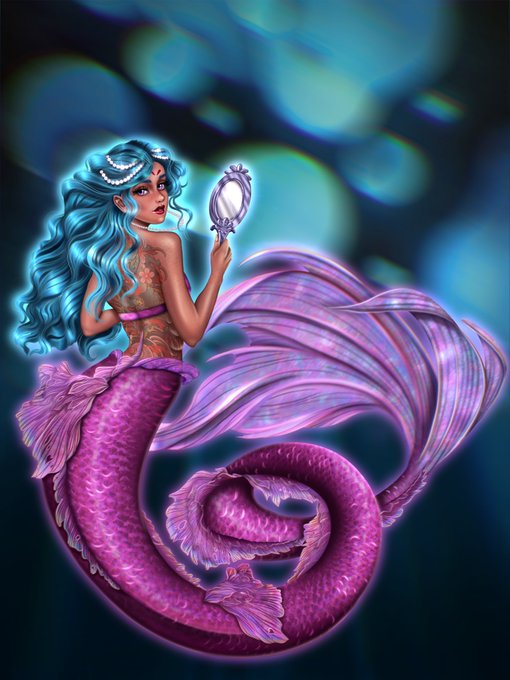 A digital illustration of a mermaid with flowing blue hair and a pink and purple scaly tail, holding a hand mirror and looking over her shoulder against a bokeh blue background.