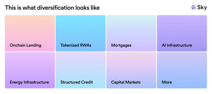 The image shows a table with different colored squares representing various investment options such as DeFi native yield strategies, structured credit, tokenized RWAs, energy infrastructure, onchain capital markets, and more. The squares are arranged in a grid-like pattern against a gray background. The caption below the image states that diversification across these investment sources carries concentration risk.