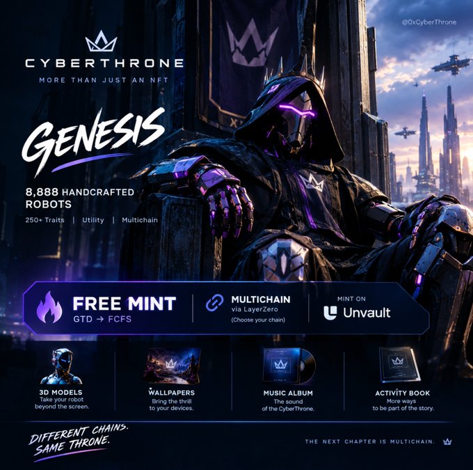 A promotional graphic for CyberThrone Genesis NFT collection features 8,888 handcrafted robots, advertising free minting via LayerZero multichain and Unvault, with features including 3D models, wallpapers, a music album, and an activity book.