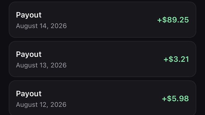 A digital payment history screen displays three payouts: +$89.25 on August 14, 2026, +$3.21 on August 13, 2026, and +$5.98 on August 12, 2026.