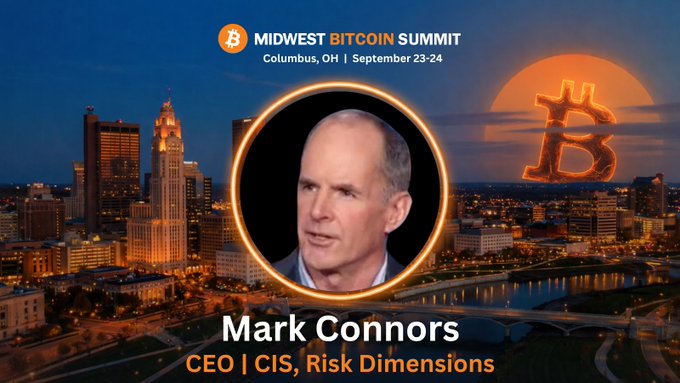 A promotional graphic for the Midwest Bitcoin Summit in Columbus, OH on September 23-24, featuring speaker Mark Connors, CEO | CIS of Risk Dimensions, against a city skyline with a Bitcoin sun motif.