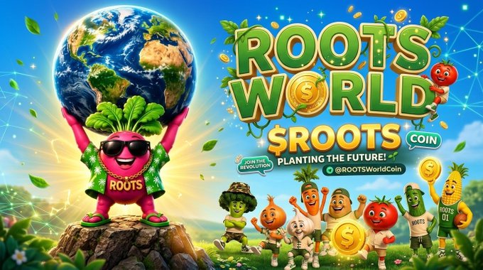 Colorful meme-style advertisement for '$ROOTS COIN' ($ROOTSWorldCoin), featuring anthropomorphic vegetables including a beetroot character wearing sunglasses and a 'ROOTS' shirt holding up the Earth, with other vegetable mascots and 'PLANTING THE FUTURE!' text.