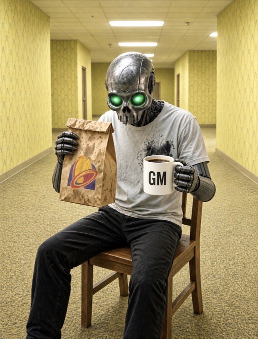 A surreal image of a humanoid robot with a metallic skull and glowing green eyes, wearing a gray t-shirt and dark pants, sitting on a wooden chair while holding a Taco Bell paper bag and a mug labeled 'GM' in a yellow hallway.