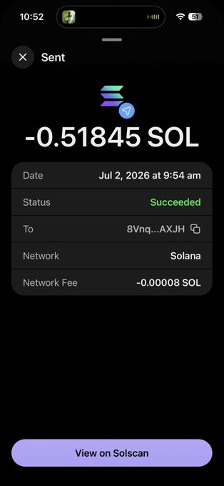 Cryptocurrency transaction confirmation on a mobile phone showing -0.51845 SOL sent successfully on the Solana network on Jul 2, 2026, with a 'View on Solscan' button.