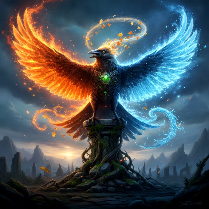 A digital illustration depicts a majestic bird of prey perched on a stone pedestal covered in vines, with its left wing made of orange fire and its right wing composed of blue water.