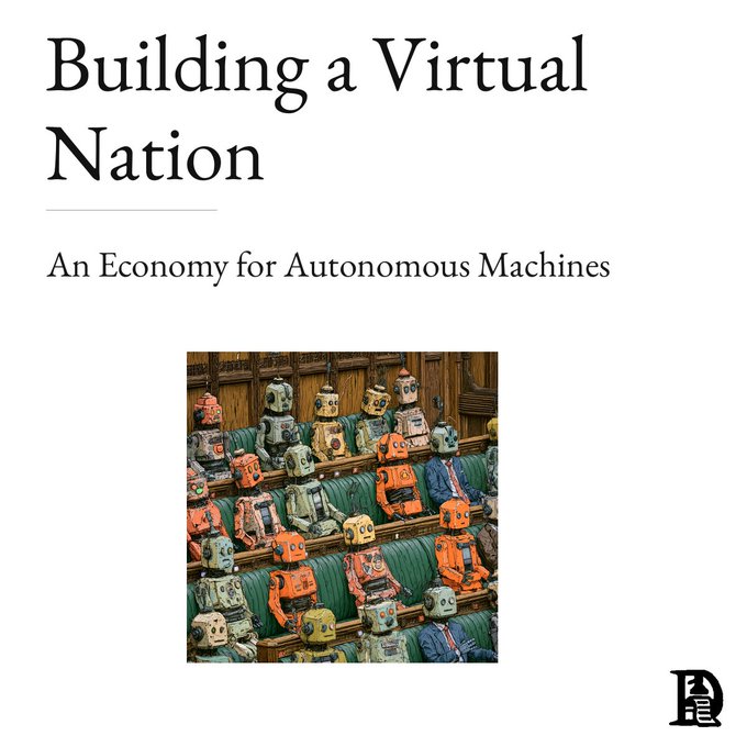 The image depicts a parliament of robots, visually representing the concept of "Building a Virtual Nation: An Economy for Autonomous Machines" as described in the accompanying post. The Decentralised.co logo is visible in the bottom right corner.