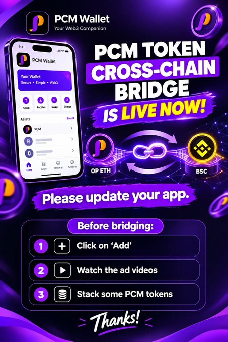 A promotional graphic for PCM Wallet announcing 'PCM TOKEN CROSS-CHAIN BRIDGE IS LIVE NOW!' showing a phone interface with features like Send, Receive, Swap, and Bridge, with instructions to update and stack PCM tokens.