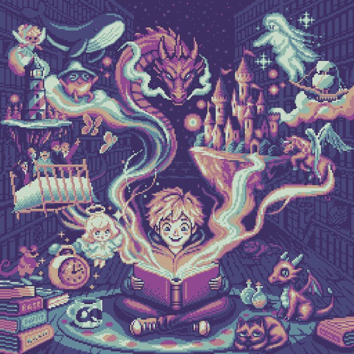The image features a boy sitting cross-legged with his eyes closed, holding a book open as if he's reading or meditating. Surrounding him are various characters from different stories, including a dragon, a fairy, and other animals like a cat and a dog. The scene is set against the backdrop of a castle and a library filled with books. The post also mentions that it was done by @basepaint_xyz Mint on Day #1042: Unbound Dreams I.