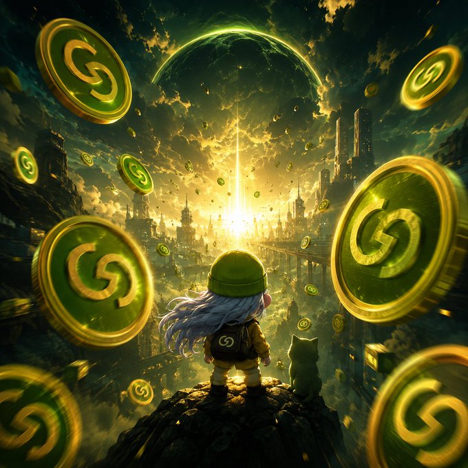 An anime-style character in a green cap stands on a cliff with their cat companion, overlooking a glowing futuristic cityscape framed by floating green "G" coins—visually representing $GRVT's crypto launch. The image symbolizes the promised major exchange listings, deeper liquidity, and broader market access highlighted in the accompanying post.