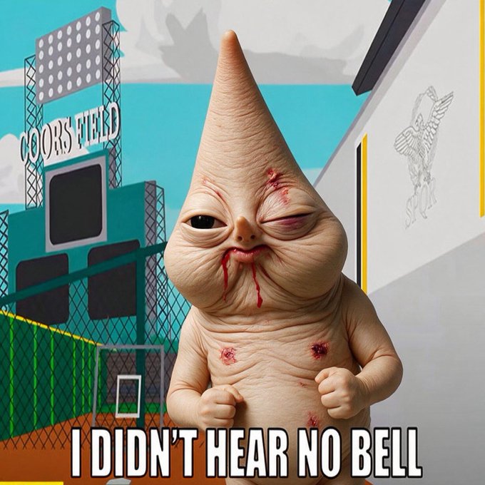 A bloodied, injured creature with a cone-shaped head stands in front of Coors Field stadium, with the text "I DIDN'T HEAR NO BELL" at the bottom.