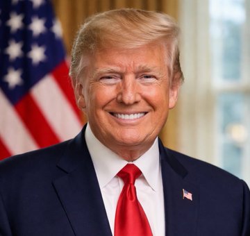 An official portrait of Donald Trump smiling, wearing a navy suit with a red tie and American flag lapel pin, with the U.S. flag visible in the background.