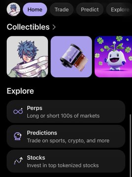 A mobile app screenshot showing a 'Collectibles' and 'Explore' menu with options for Perps, Predictions, and Stocks.