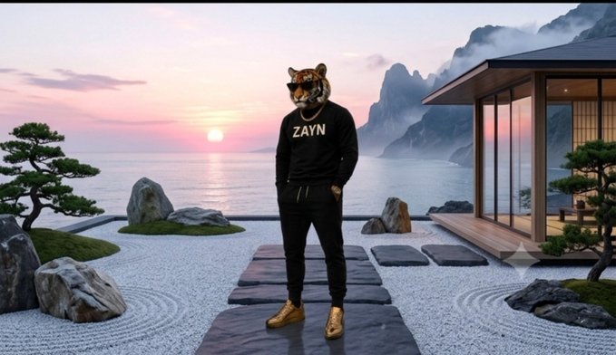 An anthropomorphic tiger wearing sunglasses, a 'ZAYN' sweatshirt, and gold sneakers stands in a zen garden setting with a sunset ocean view.
