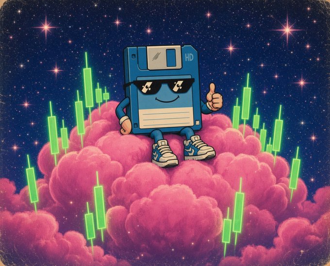 An anthropomorphized floppy disk character wearing sunglasses and sneakers sits on pink clouds, giving a thumbs-up while green stock market candlestick bars float around them under a starry sky.