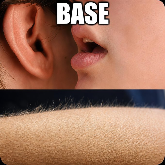 An image split horizontally; the top half shows a close-up of a person's ear and mouth with the word 'BASE' overlaid, while the bottom half shows a close-up of a hairy arm.