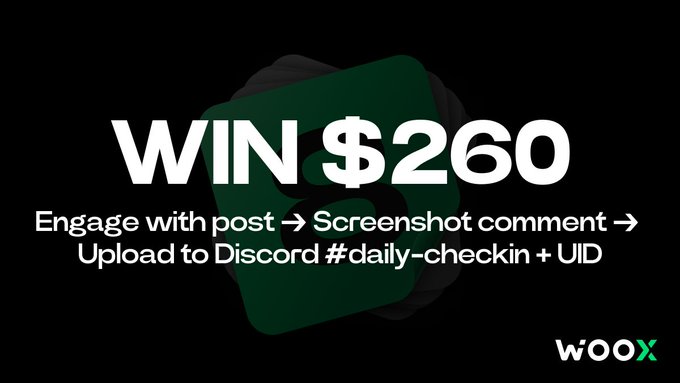 A promotional advertisement with a dark background reading 'WIN $260' with instructions: 'Engage with post → Screenshot comment → Upload to Discord #daily-checkin + UID' branded with the WOOX logo.