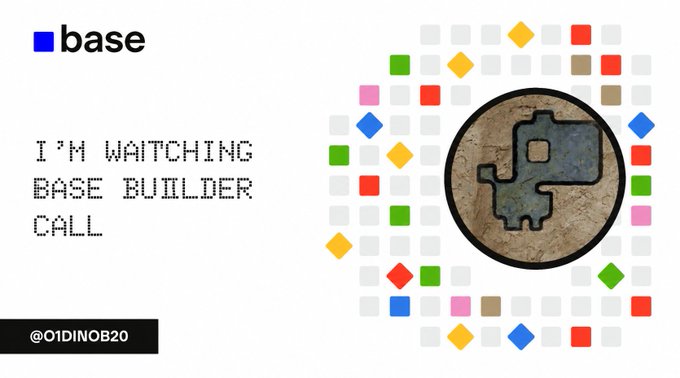 Promotional graphic for 'base' cryptocurrency featuring text 'I'M WAITCHING BASE BUILDLR CALL' with handle @OIDINOB20, showing a circular metallic logo with a stylized figure surrounded by colorful pixel/square decorations.
