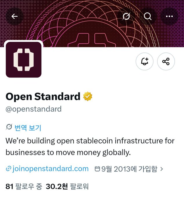 The image shows the X (Twitter) profile page for "Open Standard" (@openstandard), featuring their verified account with the tagline "We're building open stablecoin infrastructure for businesses to move money globally," 81 followers, and 30.2K posts. This relates to the post by showcasing the Open Standard account associated with the Open USD (OUSD) stablecoin, which the post highlights as a stablecoin to watch alongside the upcoming PIDEX launch and Pi Network's listing on Open Standard's partner page.