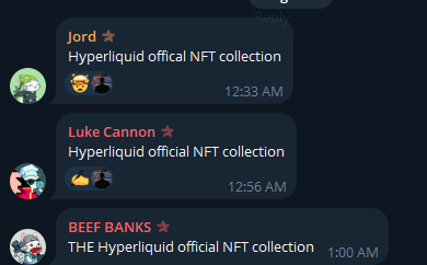 A Discord chat interface showing messages from users Jord, Luke Cannon, and BEEF BANKS sharing links about the 'Hyperliquid official NFT collection' with timestamps from 12:33 AM to 1:00 AM.