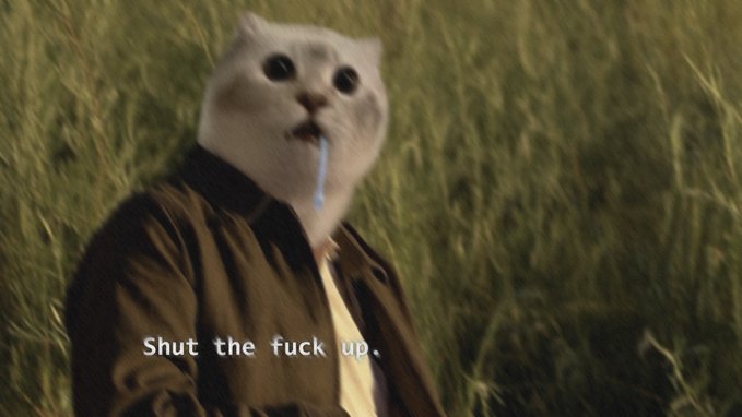 The image features a cat wearing a brown jacket, with its mouth open as if it's panting or choking. The background of the photo shows a grassy field, which adds an element of nature to the scene. In the bottom right corner of the image, there is text that reads " Shut the Fucking Up!". This message seems to be related to the cat in the foreground and could possibly be a reference to the cat's behavior or appearance.