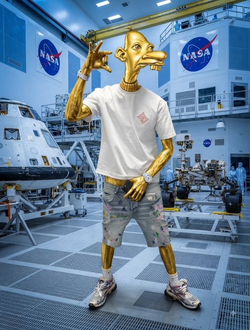 An AI-generated image of a golden humanoid figure wearing a white t-shirt and paint-splattered denim shorts, posing in a NASA facility with space capsules and rovers in the background.