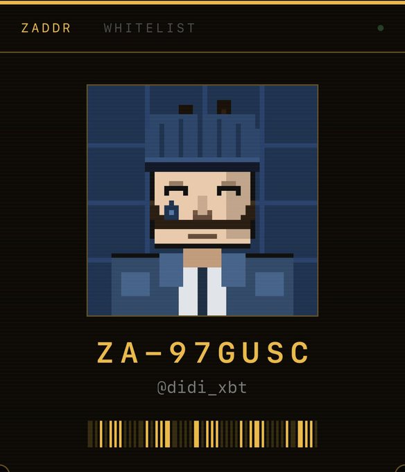 A digital whitelist card for "ZADDR" displaying pixel art of a crying bearded character, with the identifier "ZA-97GUSC," the handle "@didi_xbt," and a barcode at the bottom.