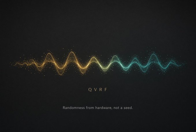 A dark graphic featuring a colorful wave pattern made of small dots transitioning from gold to teal, with text reading 'QVRF' and 'Randomness from hardware, not a seed.'