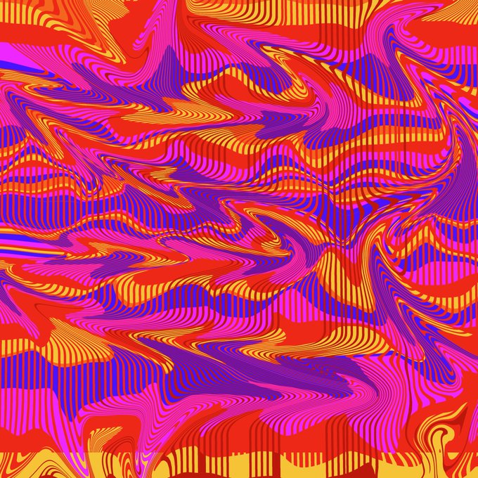 A vibrant abstract digital artwork featuring wavy, glitch-like distortions in bold orange, pink, magenta, and purple hues with striped patterns, visually echoing the upbeat "Good morning" sentiment of the post through its energetic, fluid, and uplifting composition.