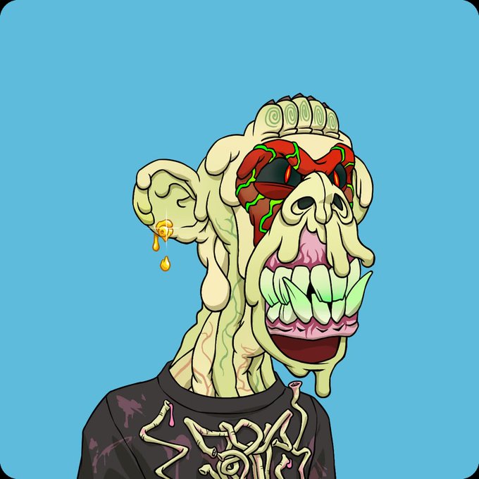 A cartoon illustration of a grotesque zombie-like character with exposed green brain matter, bulging eyes, large green teeth, and a dark shirt against a blue background.