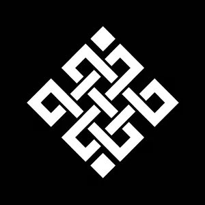 A black background featuring a white geometric knot-like symbol with diamond shapes.