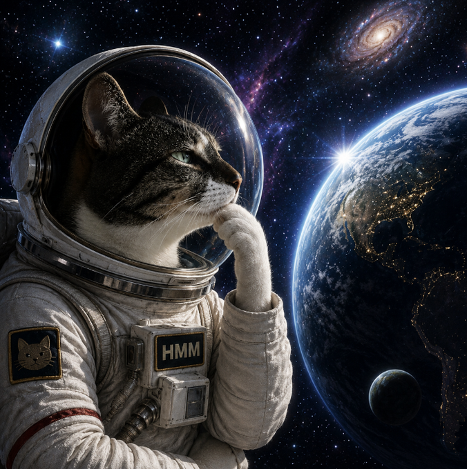 A digital artwork of a tabby cat wearing a space suit helmet, gazing thoughtfully at Earth and a distant galaxy, with a nameplate reading 'HMM' on the suit.