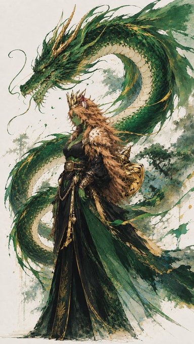 Watercolor-style fantasy artwork of a green-skinned, crowned elven woman in dark robes with a large green dragon swirling behind her.