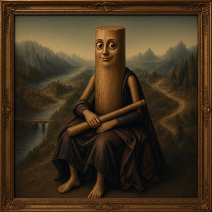 A surreal painting in an ornate gold frame shows a figure with a cylindrical wooden head, wide eyes, and a smiling face, dressed in a dark robe and holding a wooden stick.