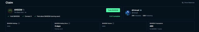 The image shows a crypto claim page for the $ANSEM token, featuring a "Trade $ANSEM" button, social verification tasks (Hold $ANSEM, Connect X, Post about $ANSEM), and stats including a 3-day Holding Streak, 48K Impressions, and 6.9K Following on @0xokpoli's account, which aligns with the post's mention of a potential $ANSEM airdrop and community distribution plans.