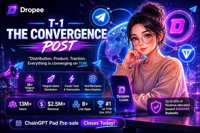 The image features a woman sitting at a desk with her laptop open, possibly working or browsing social media. The background of the image is dark blue, which contrasts with the lighter colors used for the text and other elements within the image. The text "DROPEE" can be seen in various parts of the image, including near the top left corner and at the bottom right corner. Additionally, there are several small icons scattered throughout the image that may represent different aspects related to the post or platform being advertised.