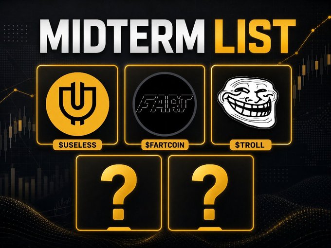 A 'MIDTERM LIST' graphic showcasing cryptocurrency tokens $USELESS, $FARTCOIN, and $TROLL, with two additional slots marked by question marks.
