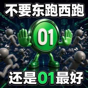 The image features a green 3D cartoon character holding up a circular sign displaying "01," with surrounding figures running around chaotically, visually reinforcing the meme's message. Chinese text reads "不要东跑西跑 还是01最好" ("Don't run all over the place, 01 is still the best"), matching the post's promotion of the $01 token and its contract address.
