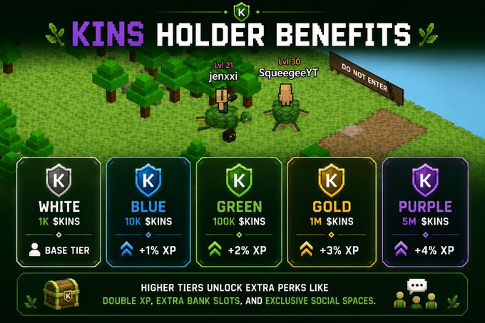 A promotional graphic for 'Kins Holder Benefits' displaying tiered membership levels: White (1K SKINS, Base Tier), Blue (10K), Green (100K), Gold (1M), and Purple (5M), each offering increasing XP bonuses.