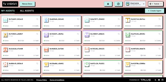 A dashboard interface for "VISION" displays a grid of active agents with alphanumeric IDs under the "Nexus Docs" tab, powered by Talus.