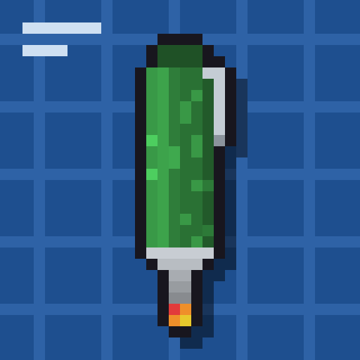 A pixel art image of a green cylindrical object with white and red accents against a blue checkered background.