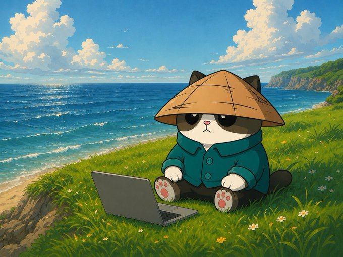 An anime-style illustration depicts a black and white cat wearing a conical hat and a teal jacket, sitting on grass with a laptop beside a coastal landscape.
