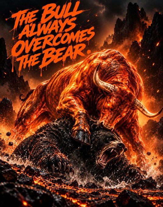 A fiery poster-style illustration of a horned bull attacking a bear, with the text: “THE BULL ALWAYS OVERCOMES THE BEAR.”