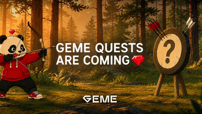 A promotional image for 'GEME QUESTS ARE COMING' featuring an animated panda character with a bow and arrow aiming at a question mark target in a forest setting.