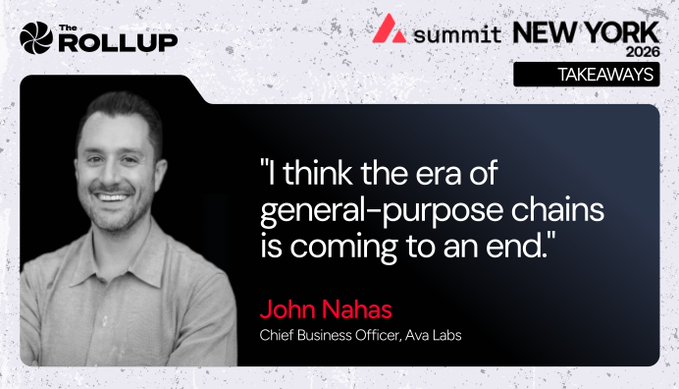 A promotional graphic for 'The Rollup' Summit New York 2026 featuring a quote from John Nahas, Chief Business Officer of Ava Labs: 'I think the era of general-purpose chains is coming to an end.'