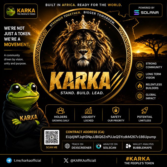 A promotional crypto poster for 'KARKA - The People's Token' featuring a majestic crowned lion, a Pepe-style frog mascot in a KARKA hoodie, and contract address EUjdJWFJqH3NpJJBiQ6ZnPUJeQSYcdkM267v186Upump, powered by Solana.