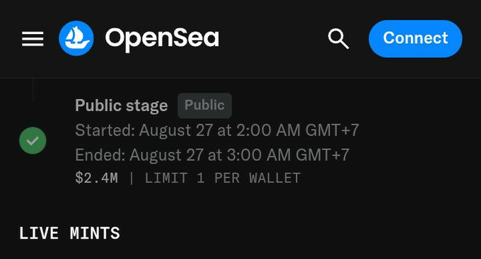 The OpenSea listing shows a completed "Public stage" mint that ran for just one hour on August 27 (2:00–3:00 AM GMT+7), priced at $2.4M with a 1-per-wallet limit. This supports the post's claim that the dev scammed buyers by setting an absurdly high price, ensuring nobody would actually mint during the brief window.