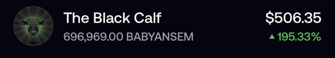 The image shows a cryptocurrency listing titled "The Black Calf" priced at $506.35, trading as 696,969.00 BABYANSEM with a 195.33% gain. This appears to be a meme coin payout or wallet balance screenshot, likely showcasing the ~$500 the user plans to distribute in their giveaway.