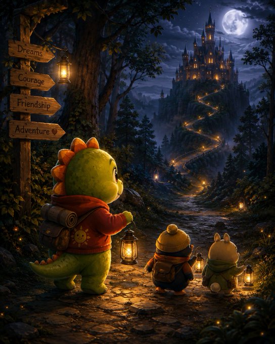 A whimsical nighttime scene of a dinosaur character and two small animal friends holding lanterns on a path toward a castle, with a signpost reading 'Dreams, Courage, Friendship, Adventure.'